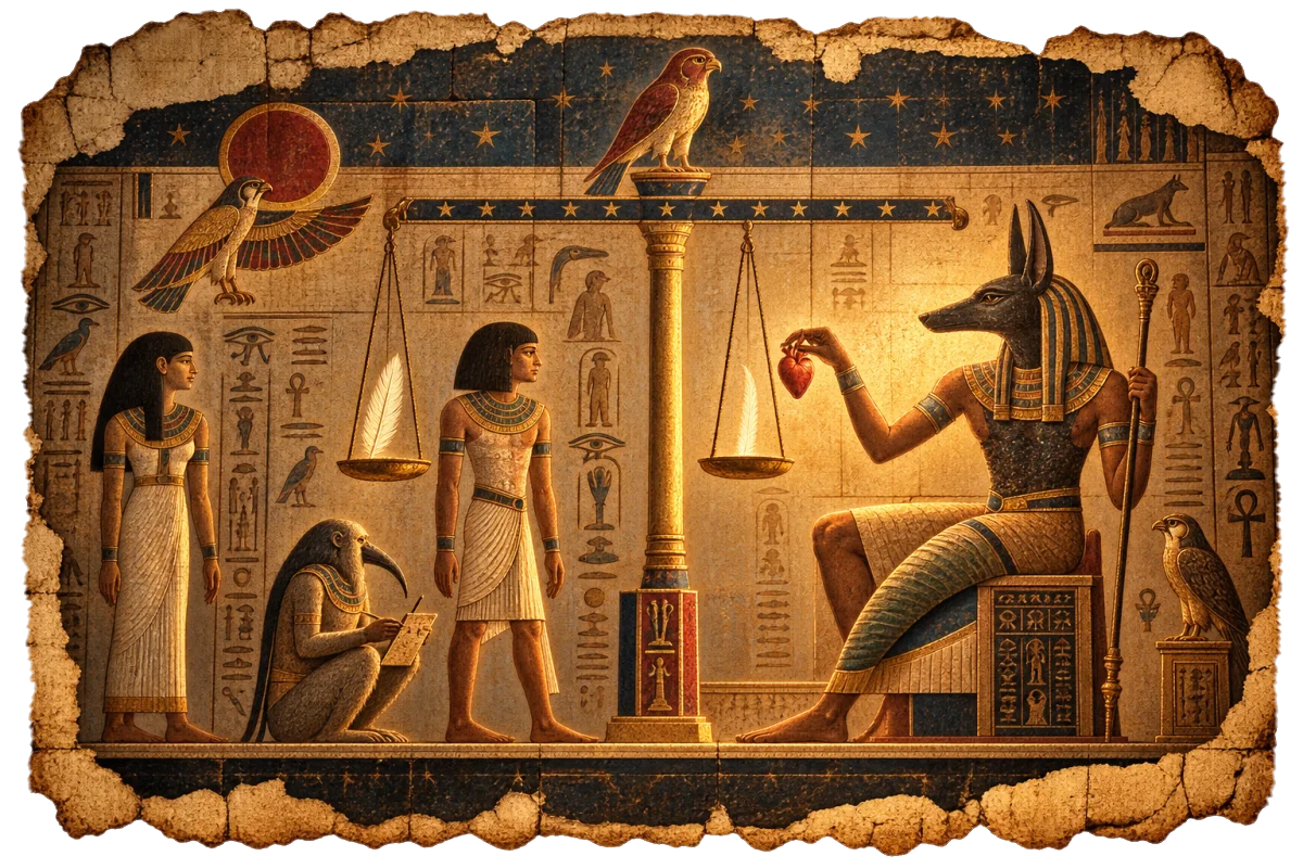Hjärtats vägning: Anubis väger den dödes hjärta mot sanningens fjäder medan Thoth skriver ned domen